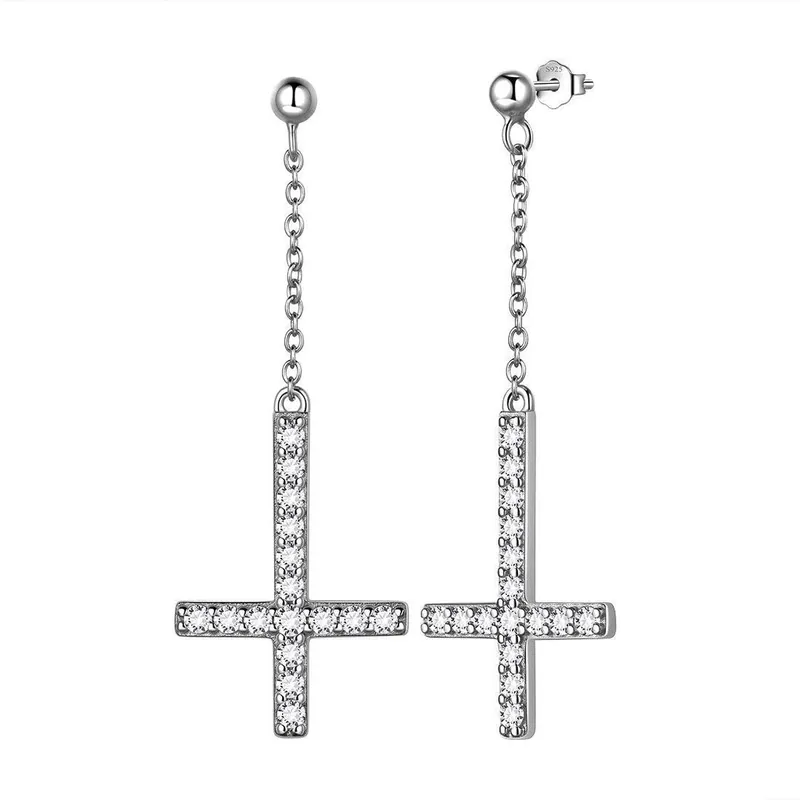 Upside Down Cross Dangle Earrings Women Mens Jewelry Sterling Silver
